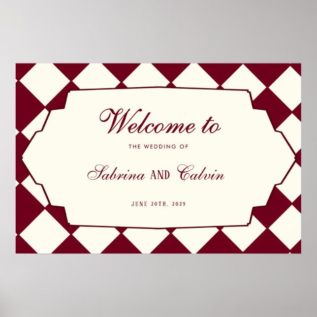 Elegant Retro Checkered Burgundy Wedding Welcome Poster (Vorne)