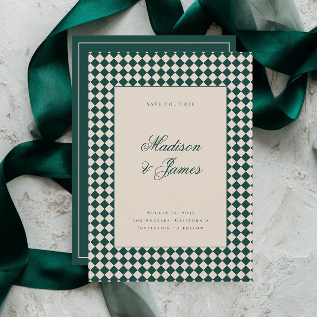 Elegant Retro Checkered Green Beige Wedding Save The Date (Von Creator hochgeladen)
