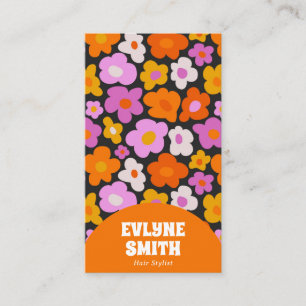 Elegant Retro Orange QR Code Boho Groovy Floral Visitenkarte