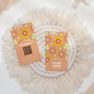 Elegant Retro QR Code Groovy Floral Trendy Boho Visitenkarte