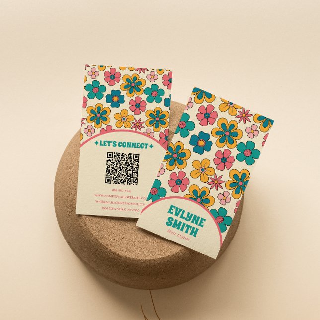 Elegant Retro QR Code Groovy Floral Unique Boho Visitenkarte (Von Creator hochgeladen)