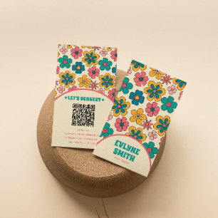 Elegant Retro QR Code Groovy Floral Unique Boho Visitenkarte