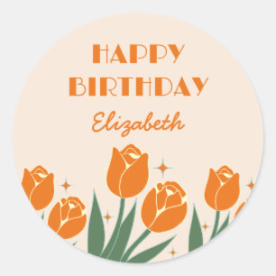 Elegant Retro Tulip Floral Orange Geburtstag Runder Aufkleber