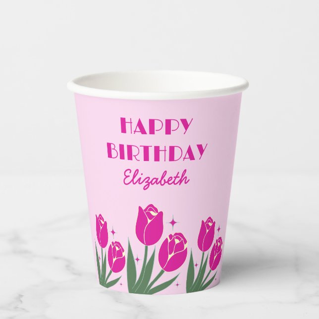 Elegant Retro Tulip Floral Pink Geburtstag Pappbecher (Vorderseite)