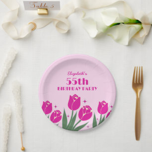 Elegant Retro Tulip Floral Pink Geburtstag Pappteller