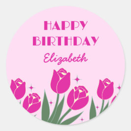 Elegant Retro Tulip Floral Pink Geburtstag Runder Aufkleber