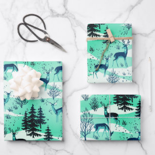 Elegant Retro Turquoise Blue Woodland Deer Geschenkpapier Set