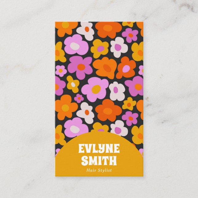 Elegant Retro Yellow QR Code Boho Groovy Floral Visitenkarte (Vorderseite)
