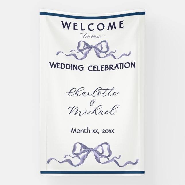Elegant Ribbon & Bow Romantic Wedding Navy Banner (Vertikal)