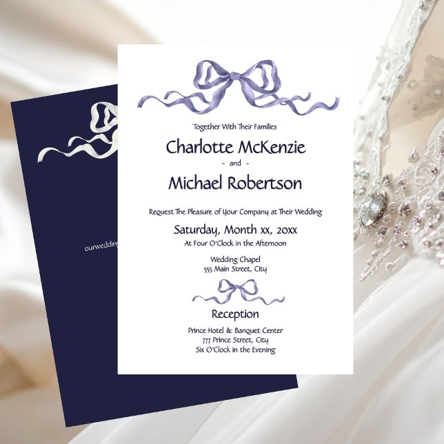 Elegant Ribbon & Bow Romantic Wedding Navy & White Einladung (Elegant Navy and White Wedding Bows Invitation)
