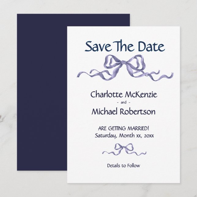 Elegant Ribbon & Bow Romantic Wedding Navy & White Save The Date (Vorne/Hinten)