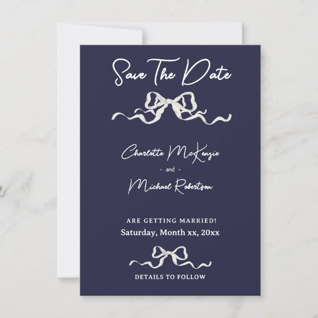 Elegant Ribbon & Bow Romantic Wedding Navy & White Save The Date (Vorderseite)