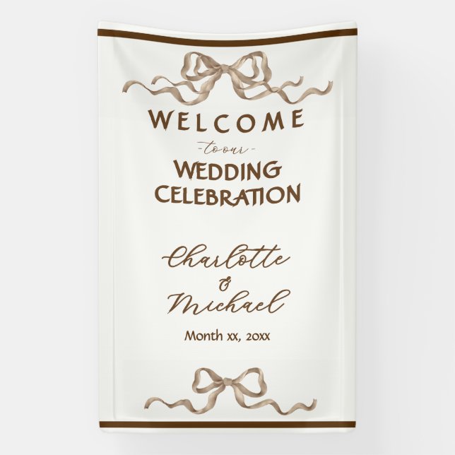 Elegant Ribbon & Bow Warm Brown Romantic Wedding Banner (Vertikal)