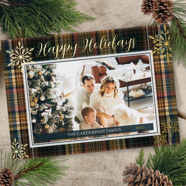 Elegant Rich Kariert Heirloom Style Happy Holidays Folieneinladung (elegant gold foil happy holidays formal plaid single photo christmas card with name year snowflakes)