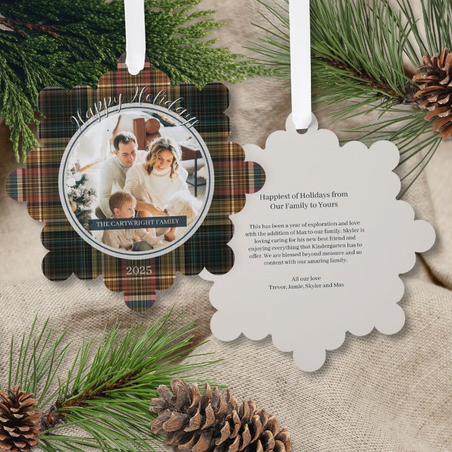 Elegant Rich Kariert Heirloom Style Happy Holidays Ornament Karte (elegant plaid family photo personalized christmas ornament gift affordable holiday card for office)