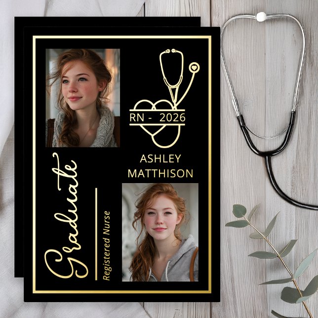 Elegant RN 2026 Nursing Grad Photo Announcement Folieneinladung (Elegant RN Nursing 2026 Graduation Photo Announcement - Black | Gold Foil)