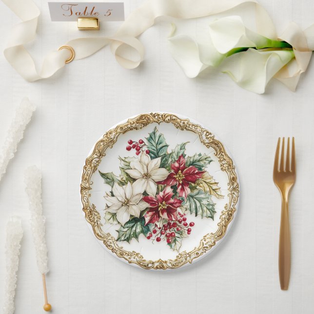 Elegant Rococo Floral Poinsettia Holiday Dining  Pappteller (Hochzeit)