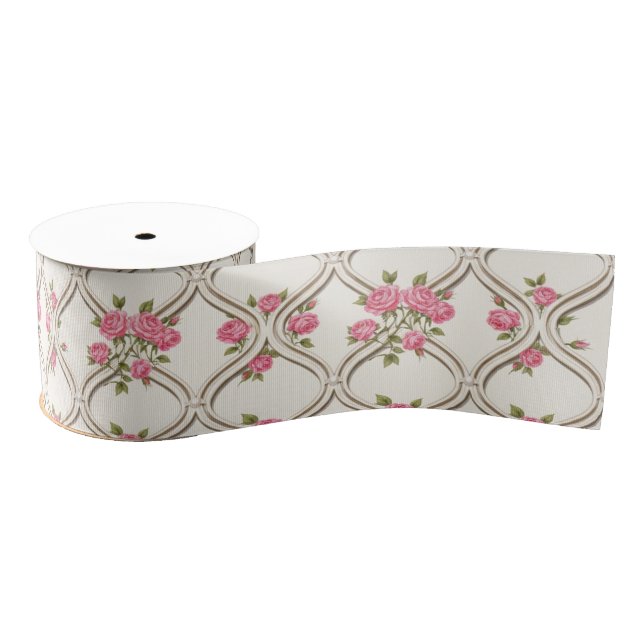 Elegant Rococo Revival Pink Floral & Beige Lattice Ripsband (Spule)