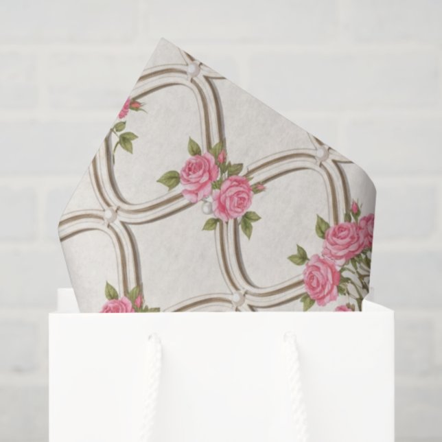 Elegant Rococo Revival Pink Floral & Beige Lattice Seidenpapier (Geschenktüte)