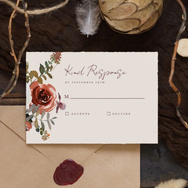 Elegant Romantic Fall Floral Red Wedding RSVP Karte (Von Creator hochgeladen)