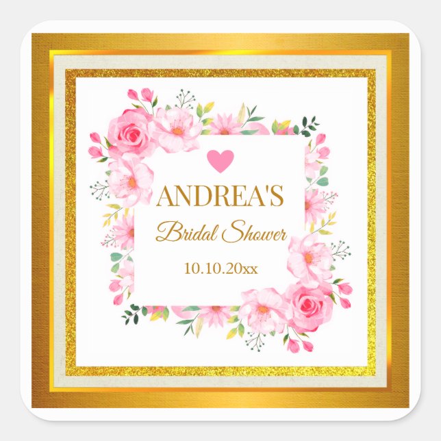 Elegant Romantic Modern Pink Floral Bridal Shower Quadratischer Aufkleber (Vorderseite)