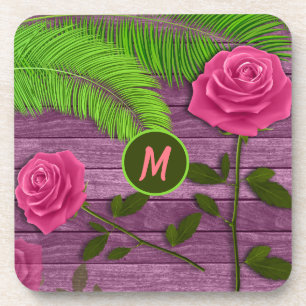 Elegant & Romantic Monogram Pink Roses Wood BG Getränkeuntersetzer