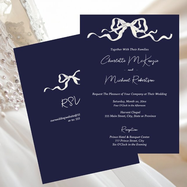 Elegant Romantic Navy Ribbon Wedding Einladung (Elegant Romantic Navy Ribbon & Bow Wedding)