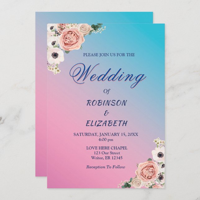 Elegant Rosa Blaue Wasserfarbenflora Hochzeit nach Einladung (Vorne/Hinten)