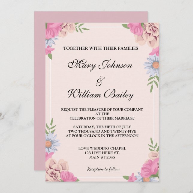 Elegant Rosa Blauer Blumenzwiebelblumen Einladung (Vorne/Hinten)