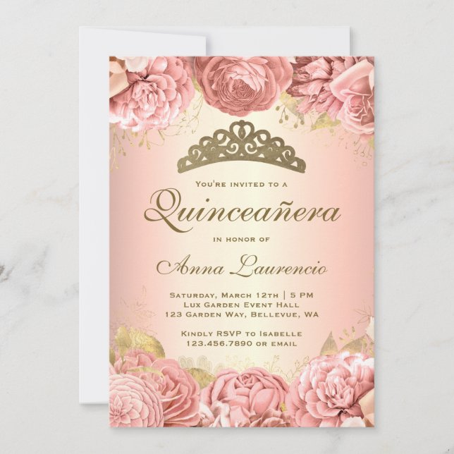 Elegant Rosa Blumenbraun Quinceanera Einladung (Vorderseite)