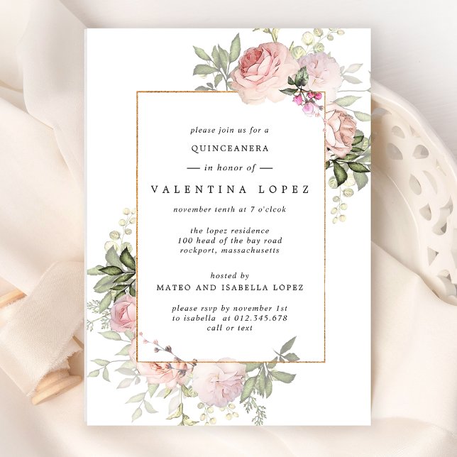 Elegant Rosa Blumenbraun Quinceanera Einladung (Von Creator hochgeladen)