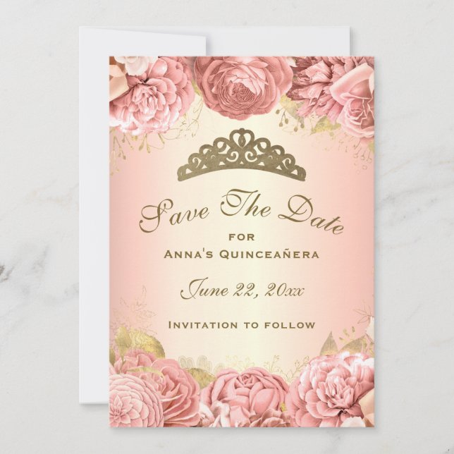 Elegant Rosa Blumenbraun Quinceanera Save The Date (Vorderseite)