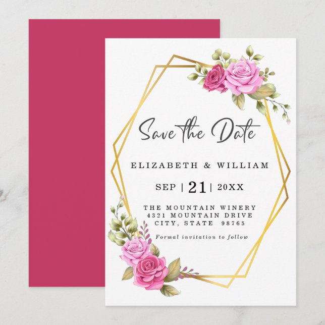 Elegant Rosa Blush Bloral Gold Geometric Save The Date (Vorne/Hinten)