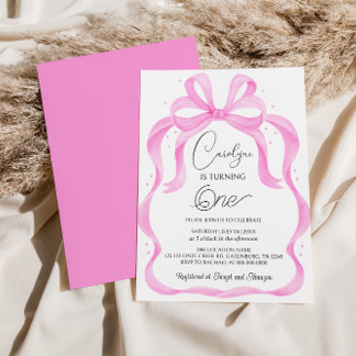 Elegant Rosa Bow 1. Geburtstag Einladung