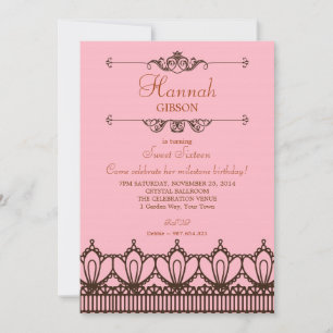 Elegant Rosa & Braun Spitzen Sweet 16 Einladung