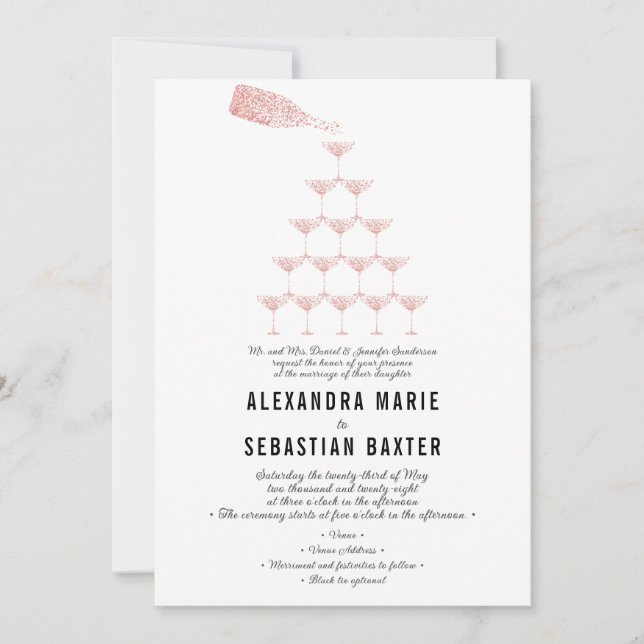 Elegant Rosa Champagne Tower Script Wedding Einladung (Vorderseite)
