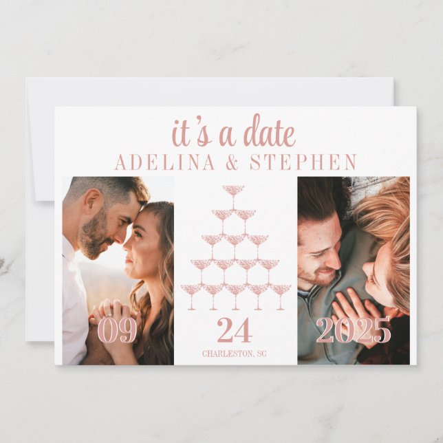 Elegant Rosa Champagne Tower Script Wedding Save The Date (Vorderseite)