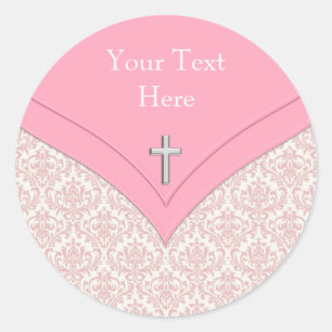 Elegant Rosa Damask Christening Stickers