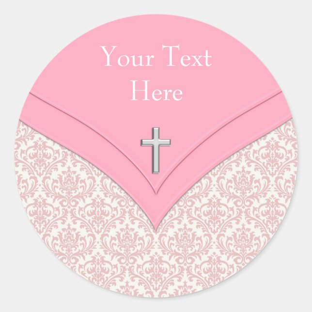 Elegant Rosa Damask Christening Stickers (Vorderseite)