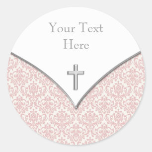 Elegant Rosa Damask Christening Stickers