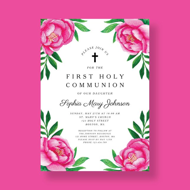 Elegant Rosa Floral First Communion Einladung (Elegant Pink Floral First Communion Invitation)