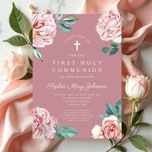 Elegant Rosa Floral Religious Girl First Communion Einladung (Elegant Pink Floral Religious Girl First Communion Invitation)