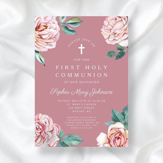 Elegant Rosa Floral Religious Girl First Communion Einladung (Elegant Pink Floral Religious Girl First Communion Invitation)
