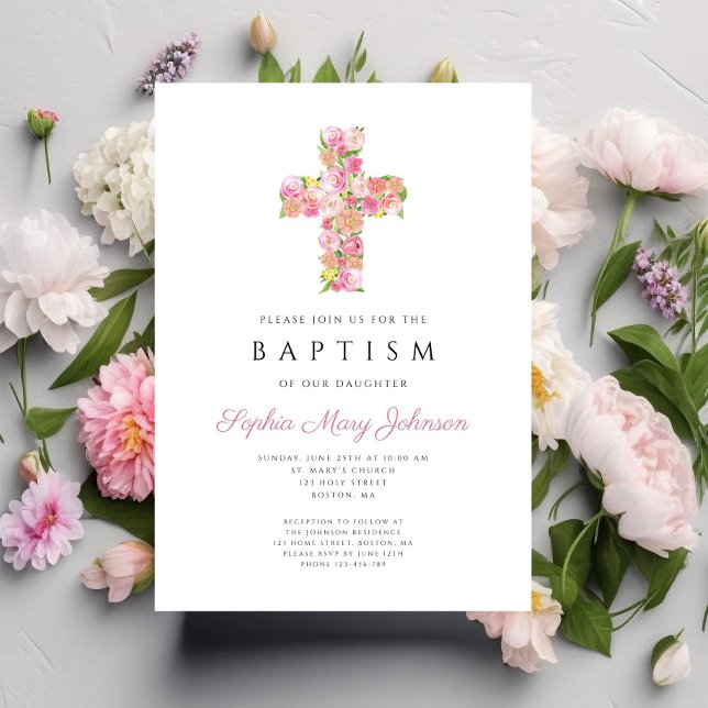 Elegant rosa florale religiöse Kreuztaufe Einladung (Elegant Pink Floral Religious Cross Baptism Invitation)