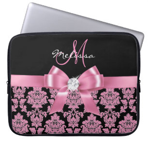Elegant, rosa glitzernd, schwarzer Damast, Schleif Laptopschutzhülle