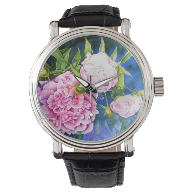 Elegant rosa, klassische Aquarellblüte Armbanduhr (Vorderseite)