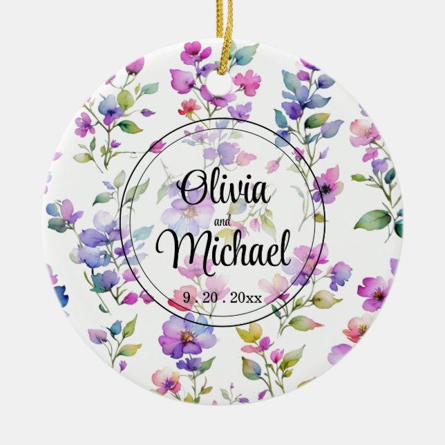 Elegant rosa lila Aquarellfarben-Wildblumen Keramik Ornament (Vorne)