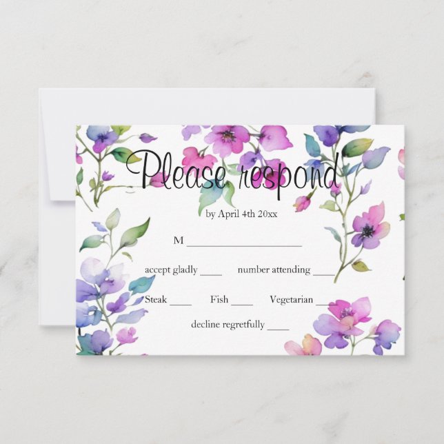Elegant rosa lila Aquarellfarben-Wildblumen RSVP Karte (Vorderseite)