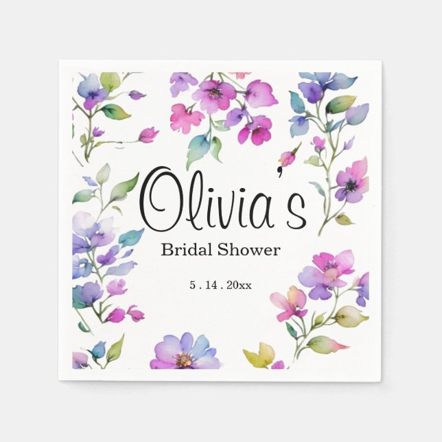 Elegant rosa lila Aquarellfarben-Wildblumen Serviette (Vorderseite)