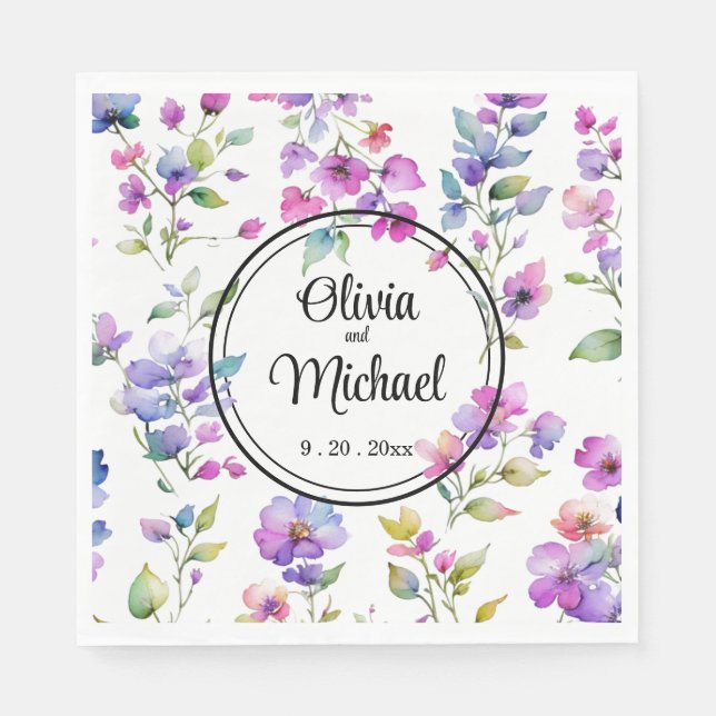 Elegant rosa lila Aquarellfarben-Wildblumen Serviette (Vorderseite)